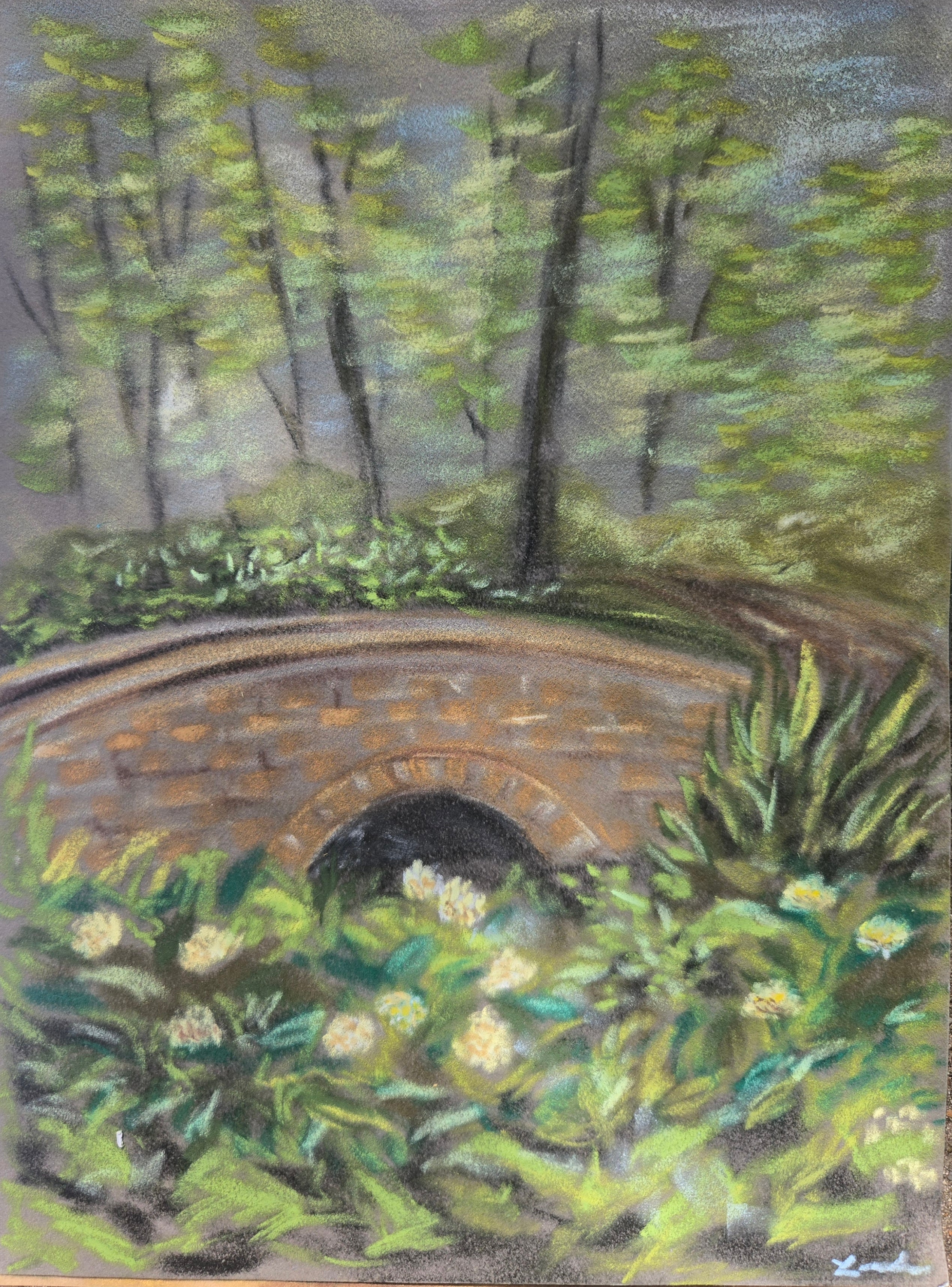 Stone Bridge with Wildflowers Original Oil Pastel on Velour Paper