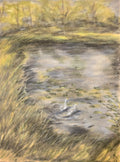 Autumn pond with white ducks, oil pastel on velour paper, 9x12 inches, by Leah Welch