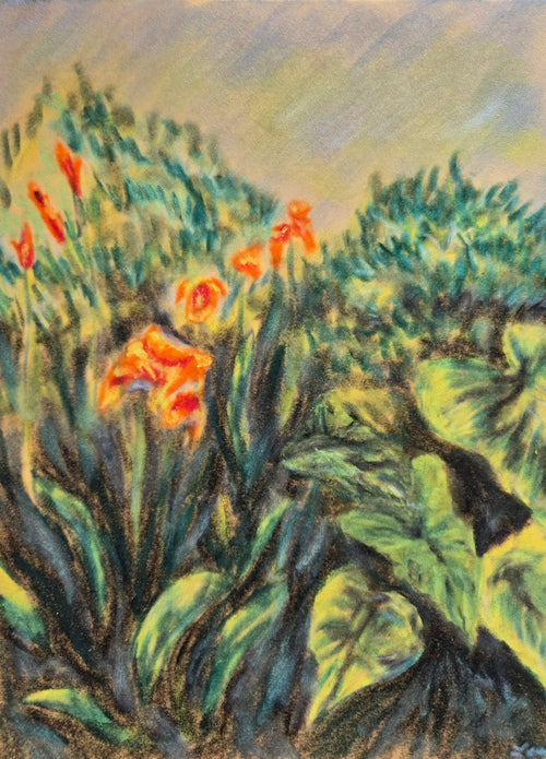 Canna Lilies in Bloom – original oil pastel on velour paper, 9×12 inches, by Leah Welch