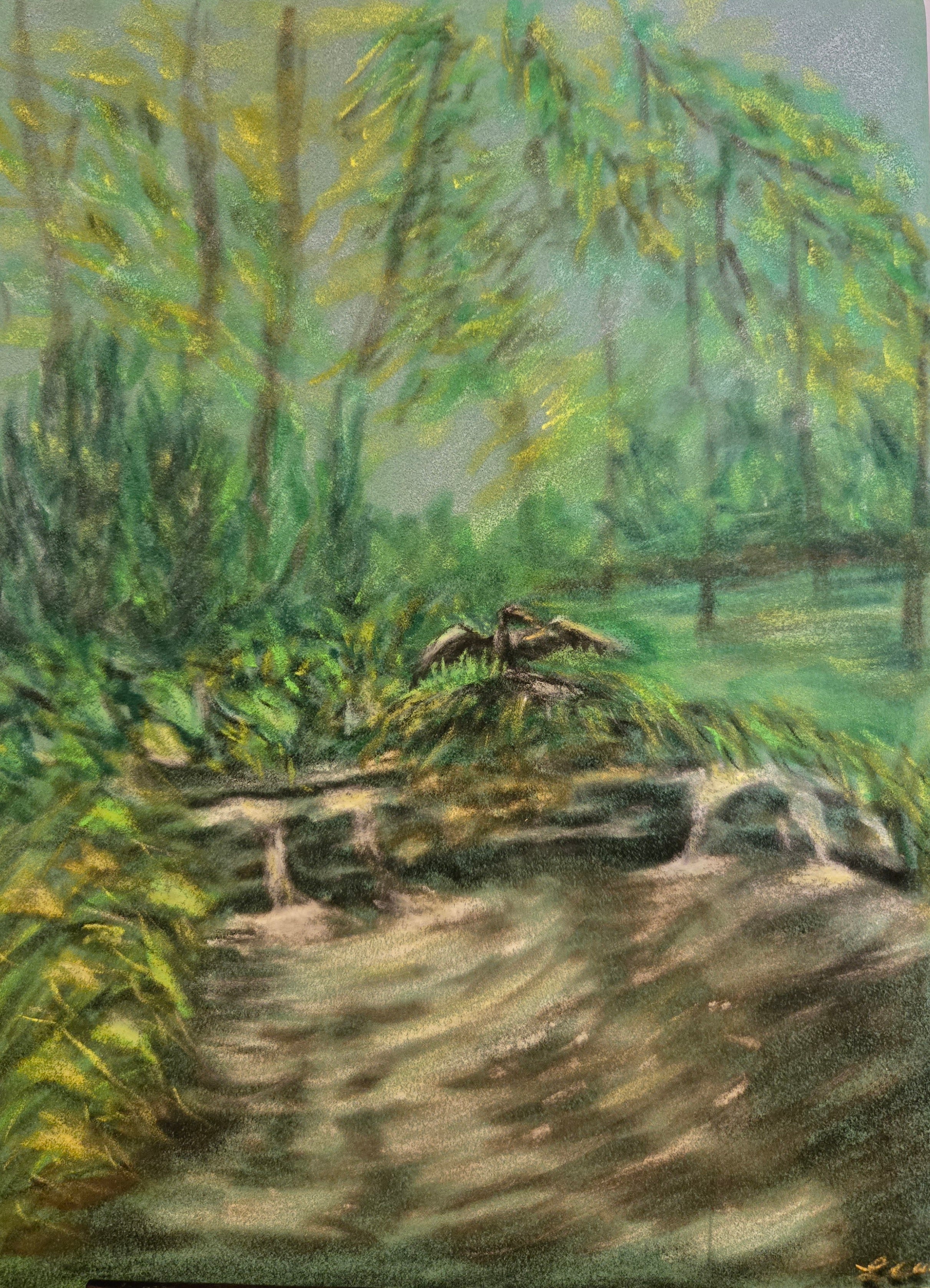 Quiet Stream at R.W. Norton Gardens — original oil pastel on velour paper, 9×12 inches, by Leah Welch