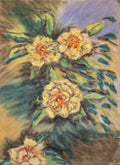 American Rose Center Blooms – original oil pastel on velour paper, 9×12 inches, by Leah Welch