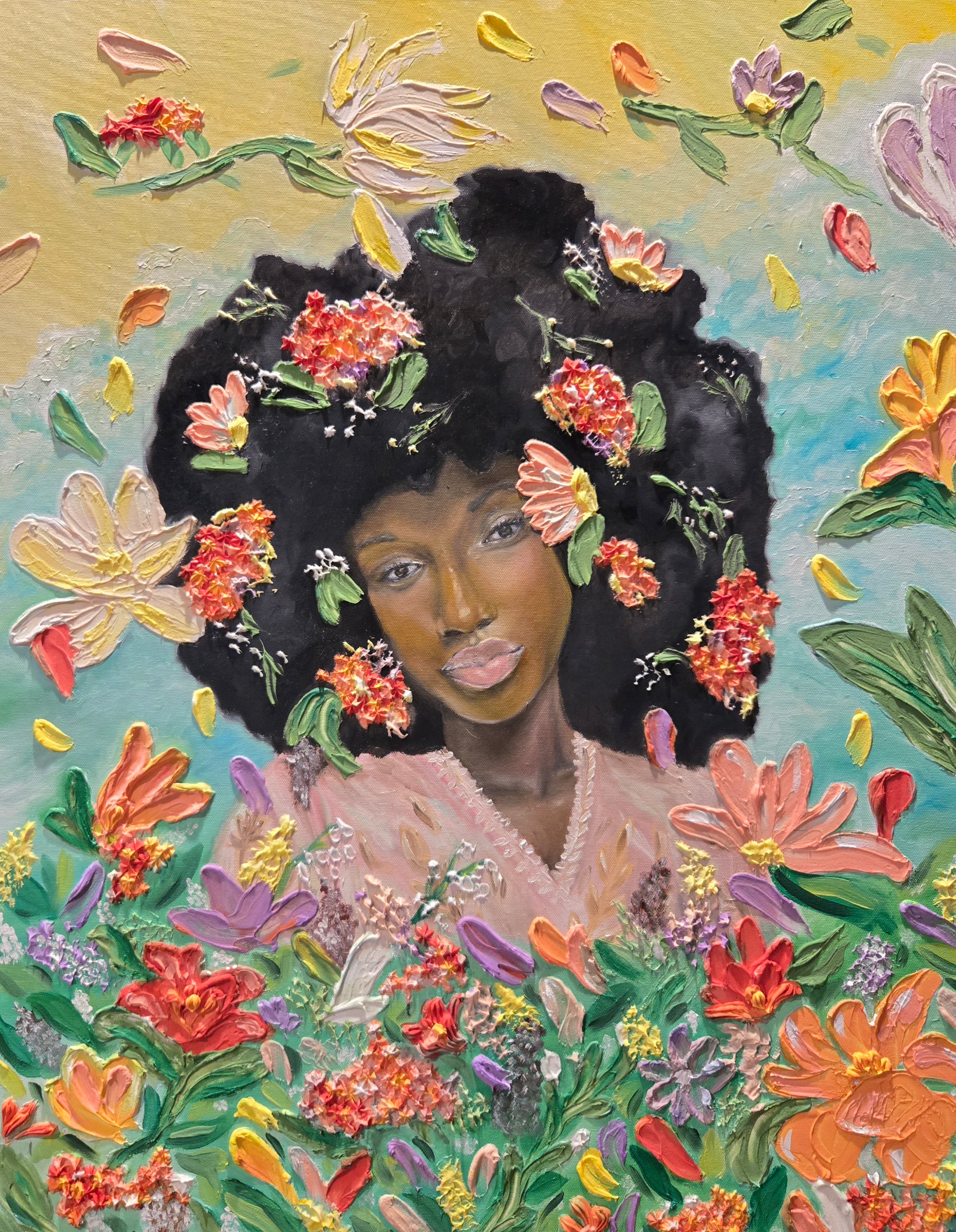 She Became, Then She Bloomed – original painting, oil paint and modelling paste on stretched canvas, 22 by 28 inches
