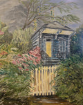 After the Mardi Gras Rain – original oil painting of a New Orleans shotgun cottage with Mardi Gras beads in the trees, 24x20 inches, gallery wrapped canvas