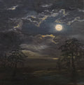 Dark oil painting of a full moon glowing through clouds above silhouetted trees