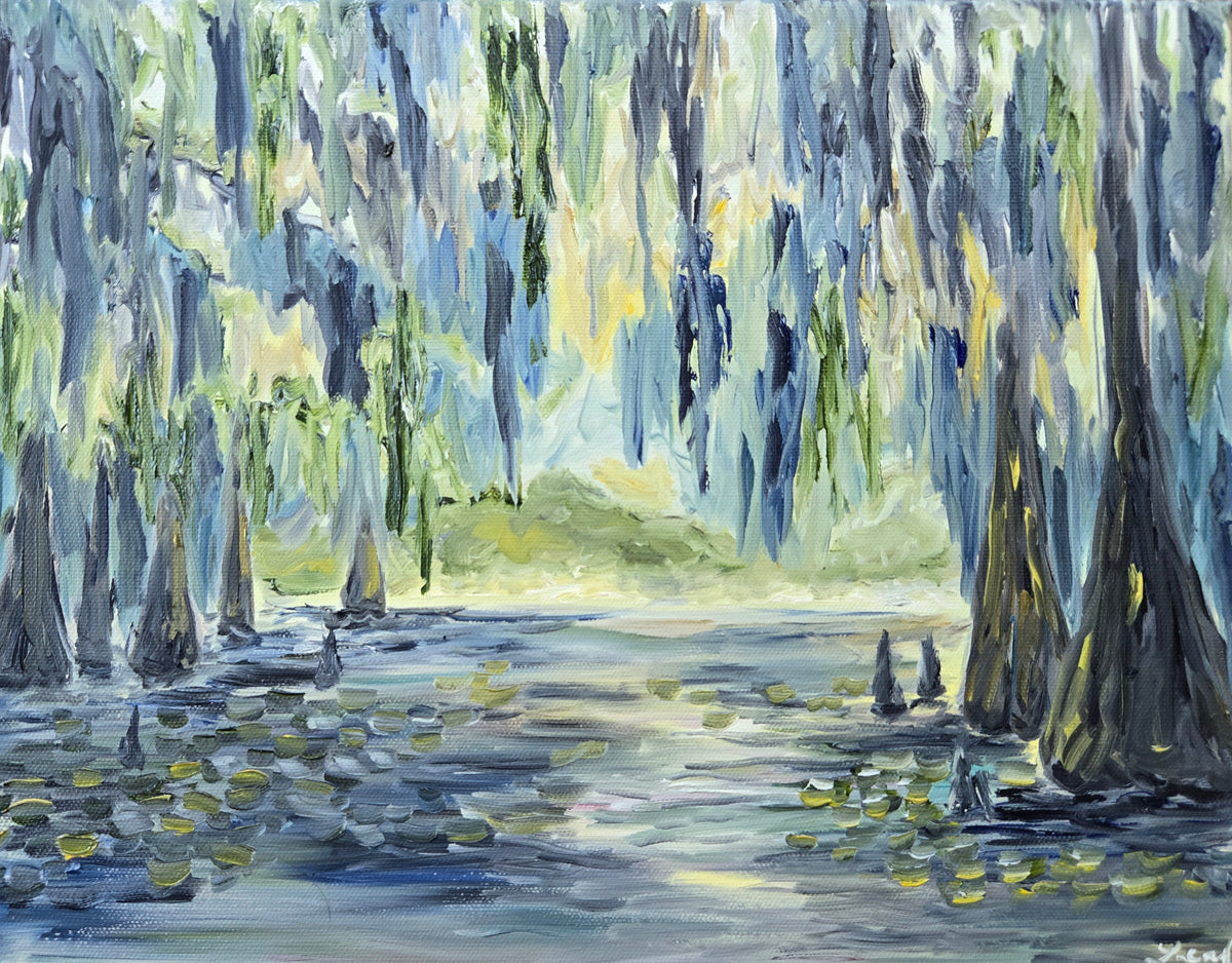 Oil painting of trees beside reflective water in blue, green, and pale yellow tones