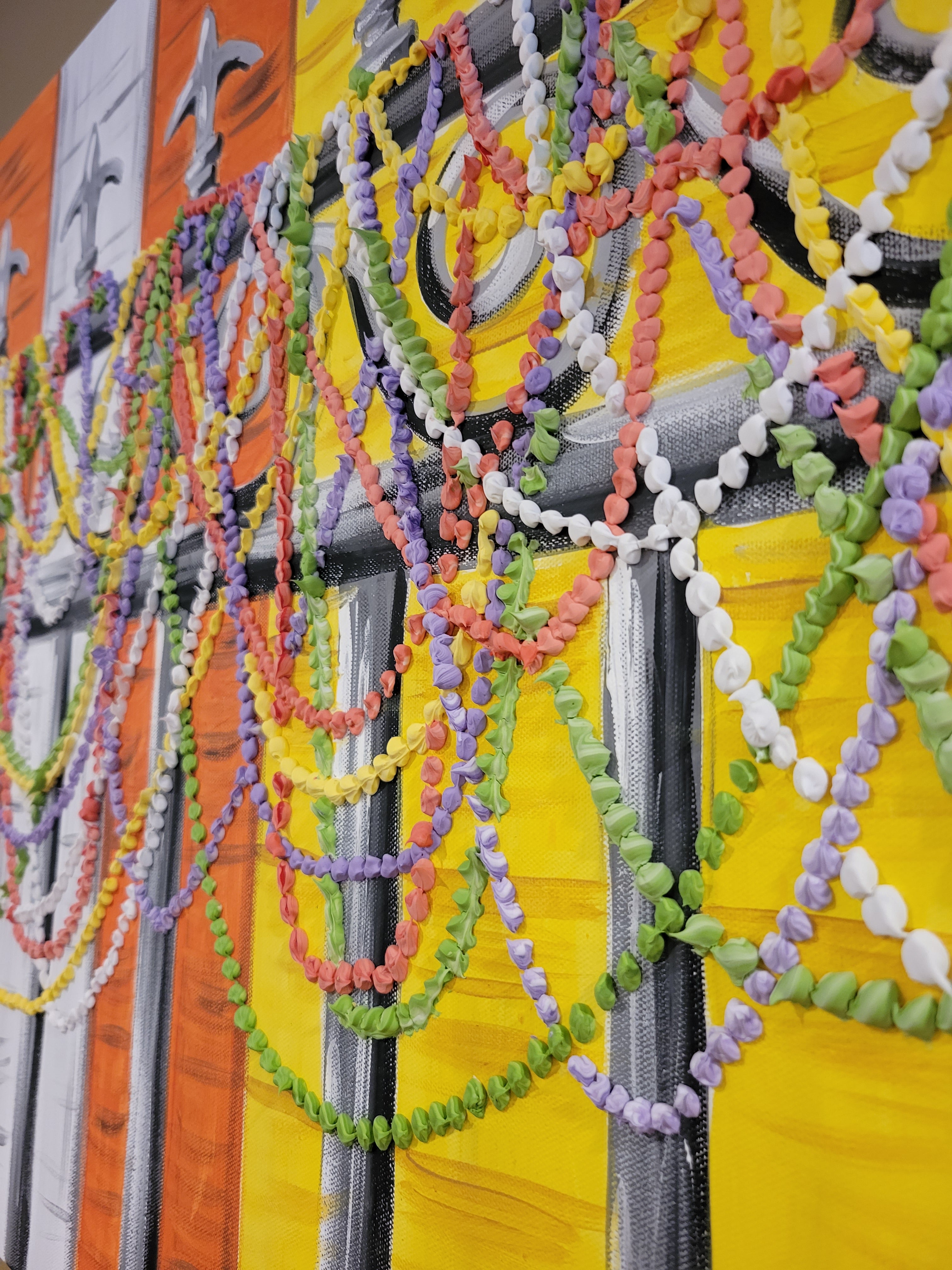 Detail of Beaded Fence showing texture of modeling paste beads, by Leah Welch