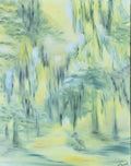 Oil painting of a small bird beside water and softly reflected trees in pale green and yellow