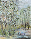 Textured oil painting of leafy trees, irises, and reflective woodland water