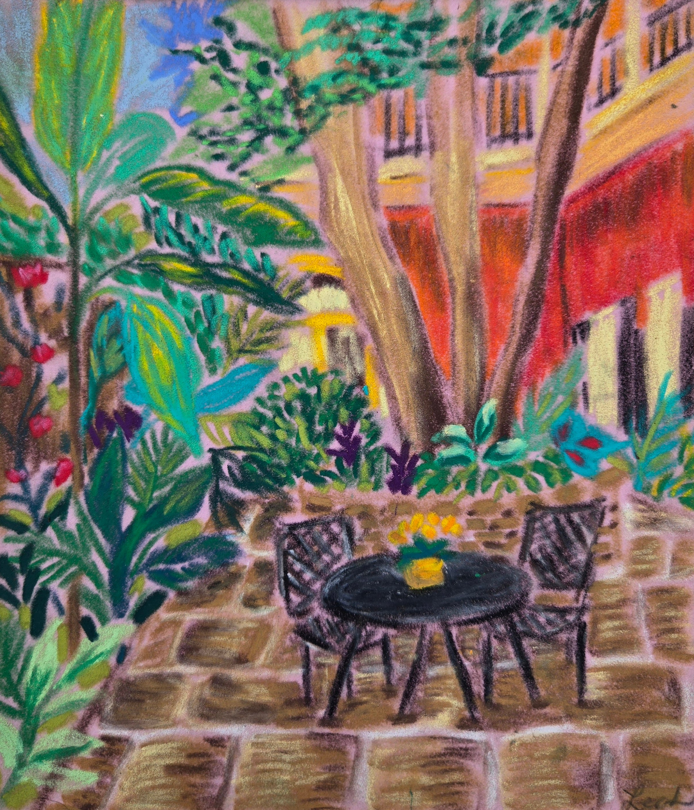 Courtyard Café Original Oil Pastel