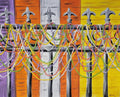 Beaded Fence, original acrylic and modeling paste on wrapped canvas, 22×28 inches, by Leah Welch