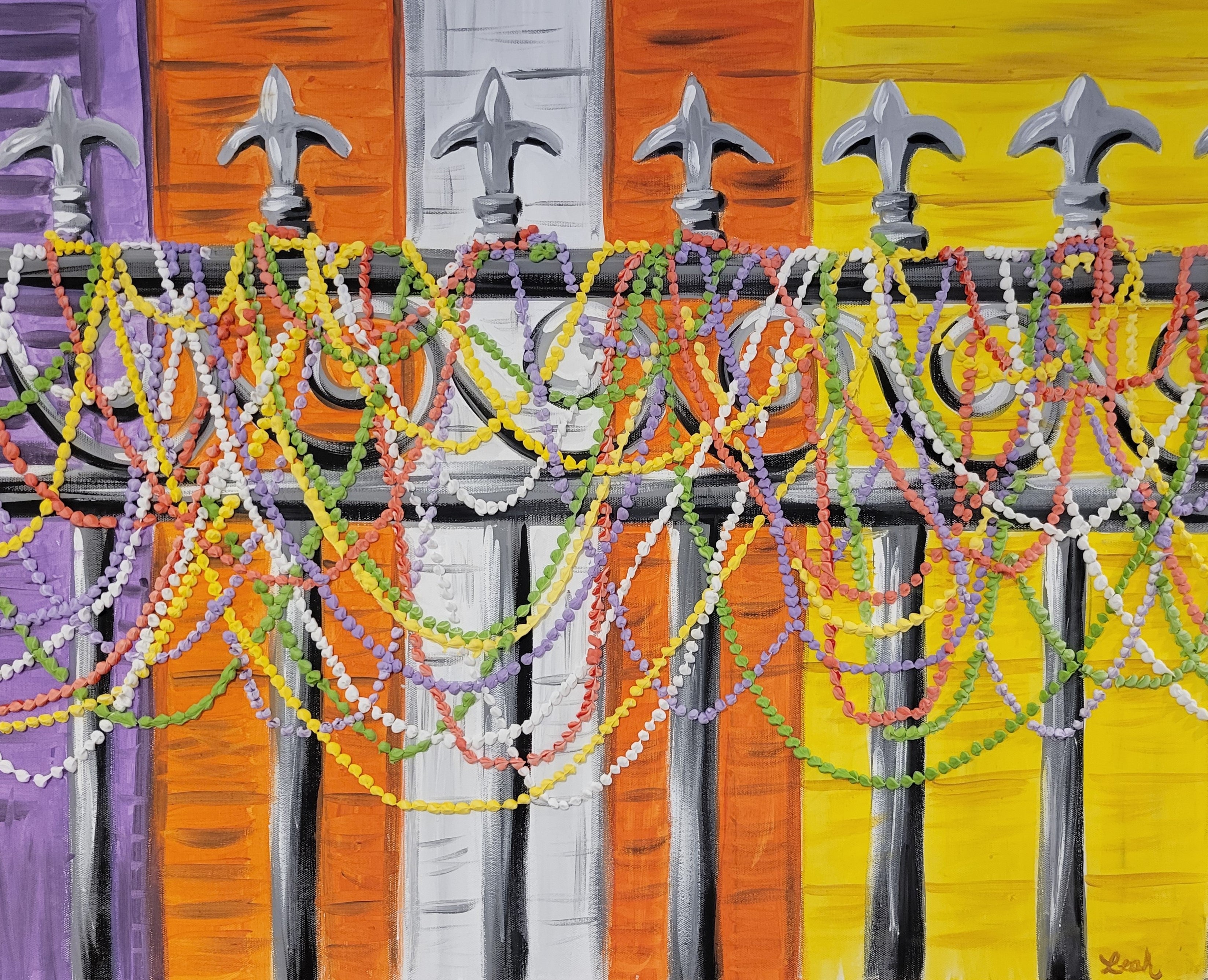 Beaded Fence, original acrylic and modeling paste on wrapped canvas, 22×28 inches, by Leah Welch